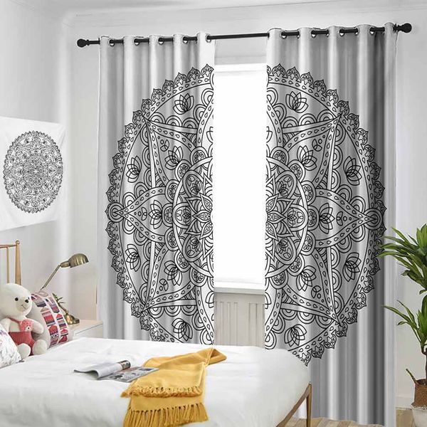 

thermal insulated room darkening window shade oriental pattern flower petal effect arabic style monochrome boho design curtain