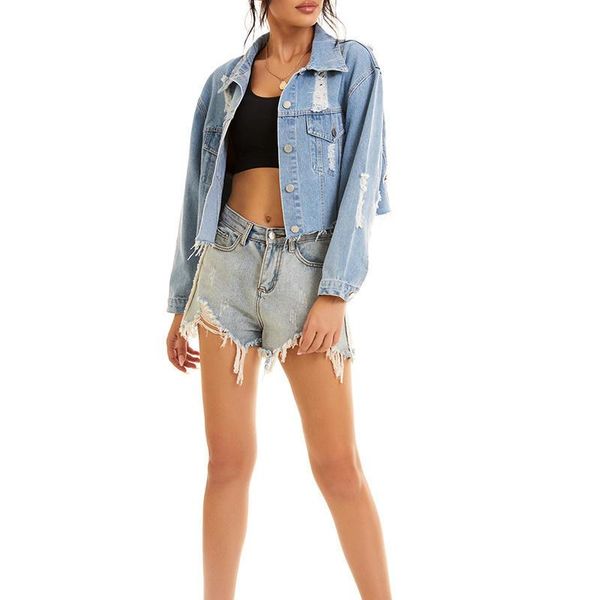 

women denim single-breasted butterfly ripped holes long sleeve lapel coat jacket ladies loose party blouse outwear, Black;brown