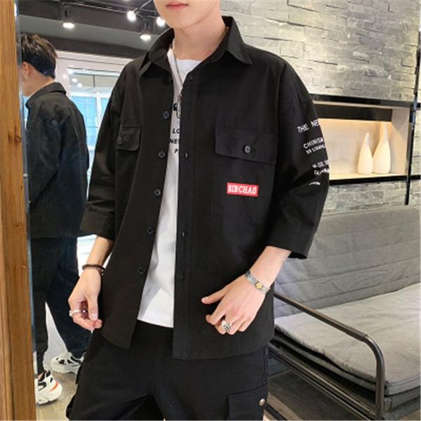 

tees clothing designer male single breasted shirts man half sleeve tooling shirt fashion casual collar japanese tide brand loose, White;black