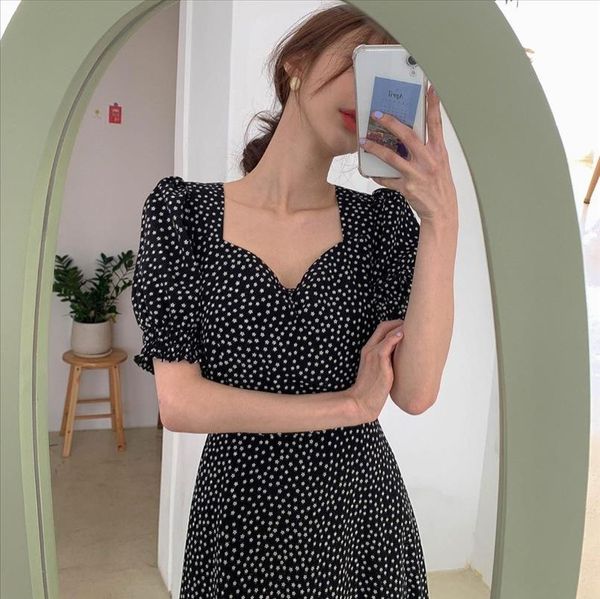 

2020 women summer maxi long floral dress vintage lantern sleeve v neck high waist ladies dresses elegant korean midi sukienki, Black;gray