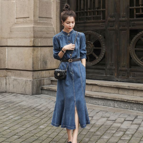 

mid sleeve denim dress women's mid long style denim skirt fishtail skirtfall winter 2020 new korean version slim fit split french fisht, Black;gray