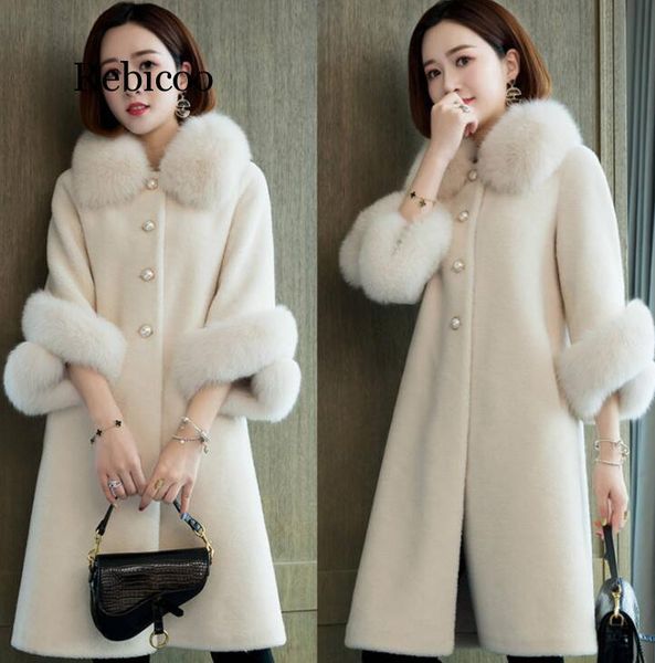 

autumn luxury natural fur collar women jacket real wool fur coats long warm sheep shearling winter coat jacket, Black