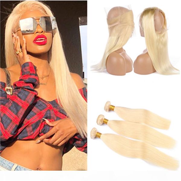 

russian blonde human hair 3bundles and 360 closure pre plucked bleach blonde straight 360 band lace frontal 22.5x4x2" with weaves pure, Black