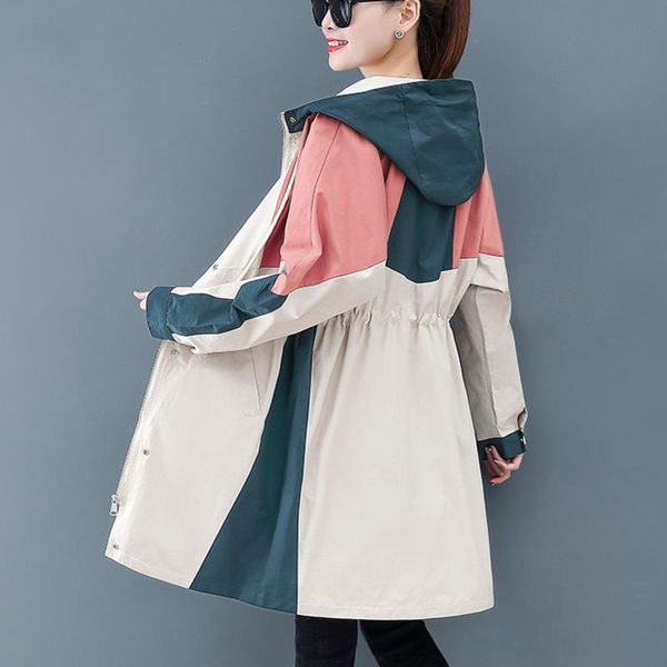 

women's trench coats [ewq] 2021 autumn long-sleeved casual loose over knee drawstring panelled hoodiewindbreaker overcoat 16w0011, Tan;black