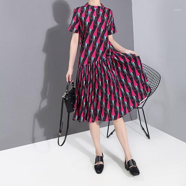 

womengaga 2020 summer new dress o-neck print patchwork short sleeve pleated empire casual loose fashion diamond girl womens a2611, Black;gray