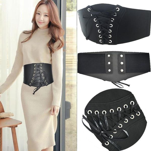 

women's black leather corset belt lace up deco faux leather comfortable stretch jeans belts 2 way close bg-306, Black;brown