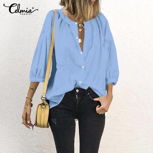 

s-5xl women fashion blouse celmia vintage lantern sleeve shirts summer blusas solid casual loose buttons female plus size 7, White