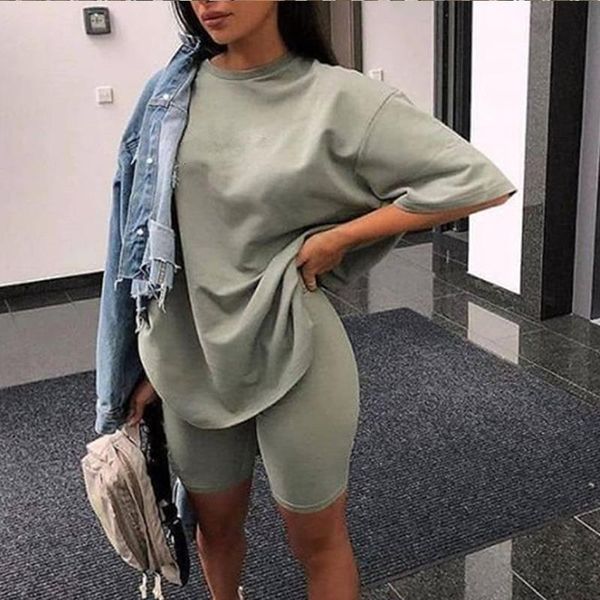 

oversized biker shorts two 2 pieces sets women with belt solid fitness ladies suit 2020 summer streetwear green female tracksuit, Gray