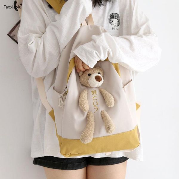 

backpack style japanese fresh women's nylon waterproof mesh red bear cute middle student backpacks black bag pack