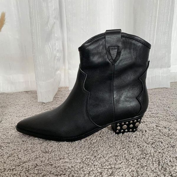 

genuine leather suede ankle boots women quality solid chunky heels short boots slip on classic boots botas feminina, Black