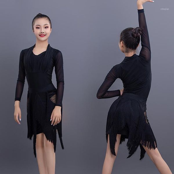 

stage wear latin dance clothing black dresses fringe long sleeves skirt dancing girls performance party dress outfit 34921, Black;red