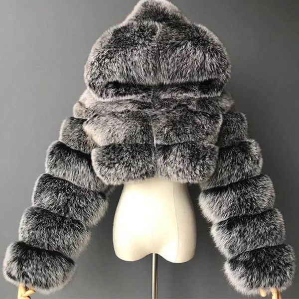

new winter furry cropped faux fur coats women 2020 fluffy coat with hooded warm fur jacket ladies manteau femme, Black