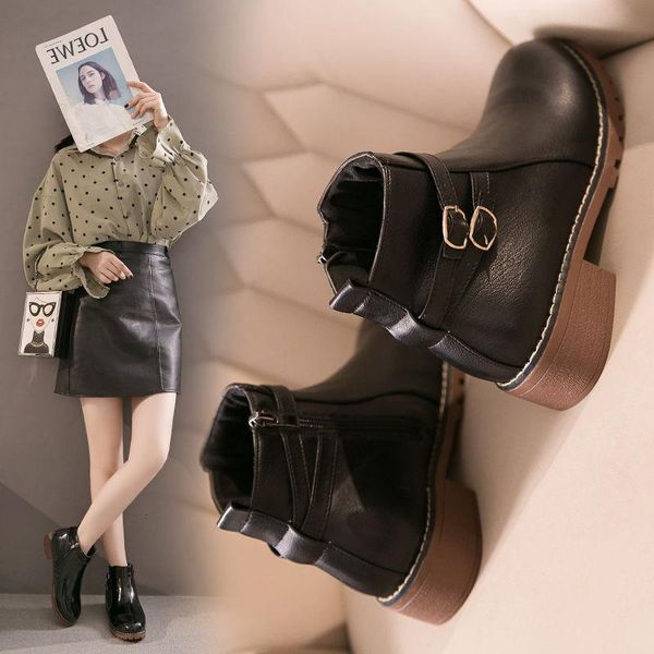 

boots british style women's shoes 2021 thick heel plus cashmere leather winter short women spring and autumn, Black