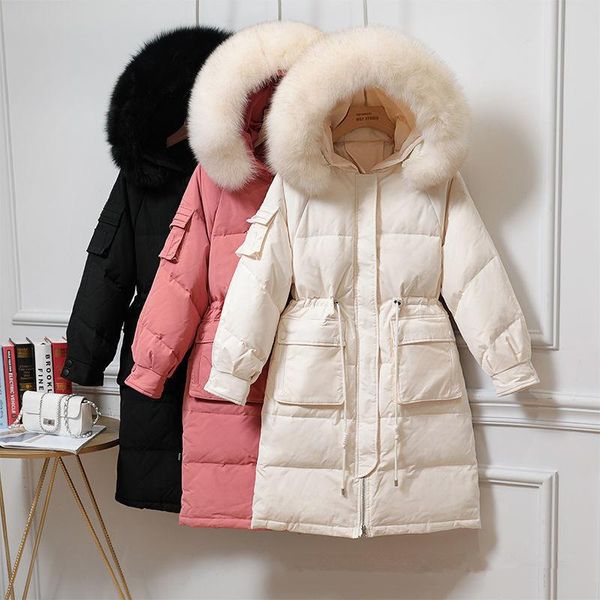 

women's down & parkas fashion winter jacket women big fur collar hooded coats casual long warm white duck coat loose g420, Black