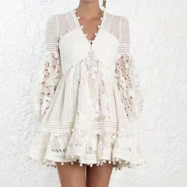 

qlzw 2019 summer new fashion v-neck lace mesh hollow white dress trendy tide long section women clothes be5821, Black;gray