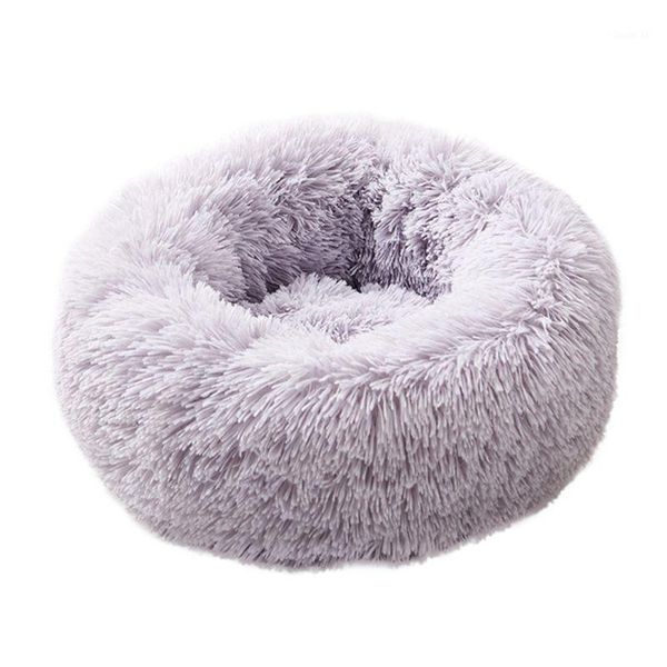 

warm round plush cat bed house soft long plush cat bed for dogs cats nest sleeping pet puppy mat light grey & beige