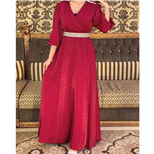 

dubai muslim women long dress turkish arab jilbab middle east maxi robe gown diamonds belt party evening velvet puff 3/4 sleeve1, Red