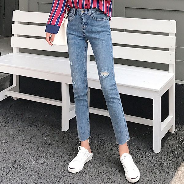

2019 straight woman boyfriends vintage high waist ripped jeans women's cowboy ankle length denim pants, Blue