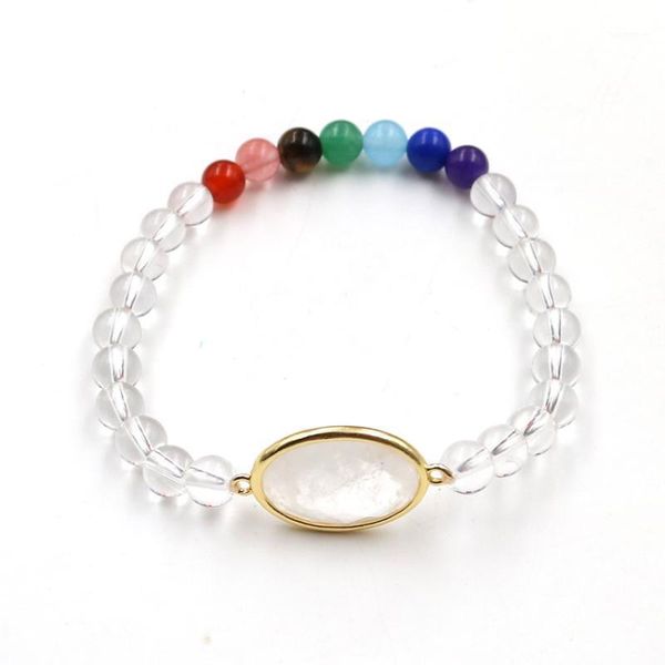 

light yellow gold color oval shape section clear quartz round beads elastic bracelet healing chakra black agates jewelry1