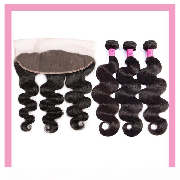 

brazilian virgin hair extensions body wave 3 bundles with 13x4 lace frontal with baby hair wefts with closure part 8-30inch, Black;brown