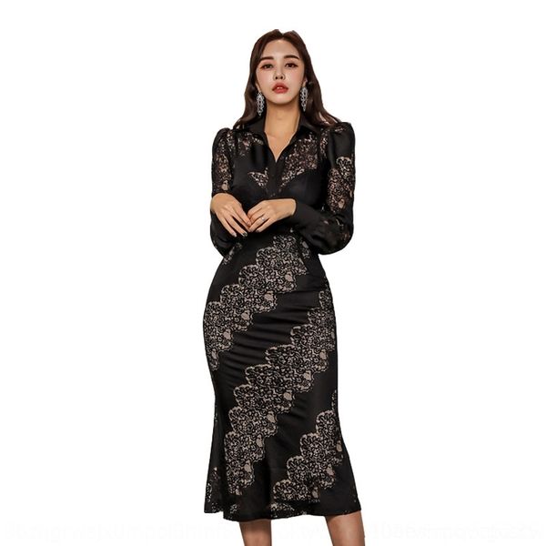 

cflym spring 2020 new ol professional temperament lapel lace stitching waist high shirt medium length skirt skirt fishtail skirtlace fishtai, Gray