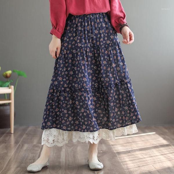 

summer cotton linen retro floral print patchwork lace skirt 2020 new simple loose comfortable rufflees skirts mori girls clothes1, Black