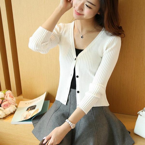 

2021 spring autumn knitting v neck cardigans sweaters girls slim short solid full sleeve knitwear outwear zy0475, White;black