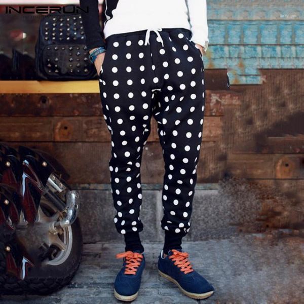 

fashion polka dot print men harem pants joggers elastic waist casual high street workout chic sweatpants men trousers incerun1, Black