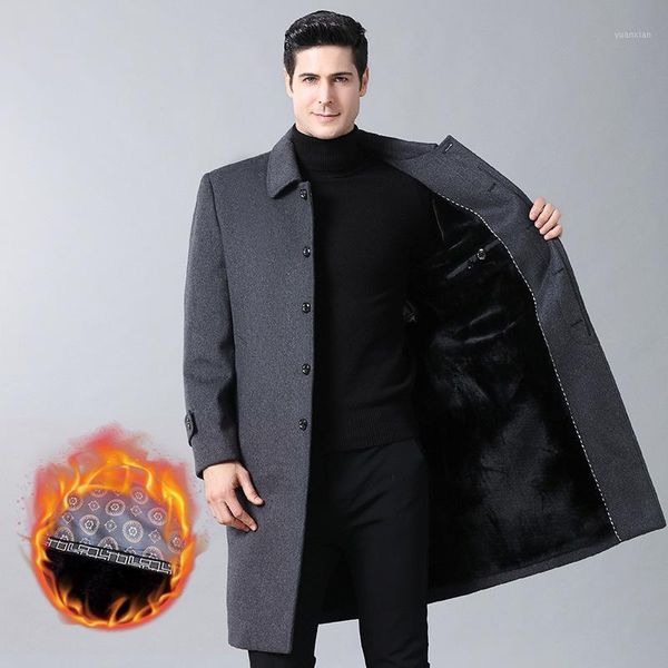 

winter men's woolen coat medium length cashmere windbreaker middle aged and old people's plush woolen coat father's wear1, Black
