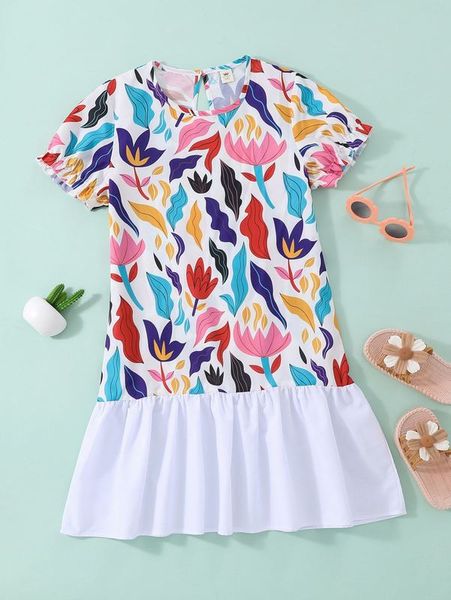 

girls floral print puff sleeve ruffle hem smock dress she, Red;yellow