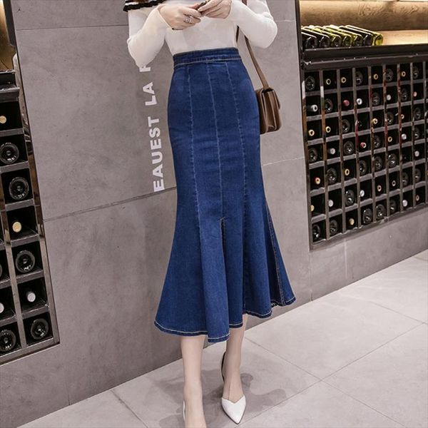 

new 2020 fish tail denim skirt women mid calf mermaid trumpet long skirt ruffles zipper empire high waist jeans stretchy b92991, Black