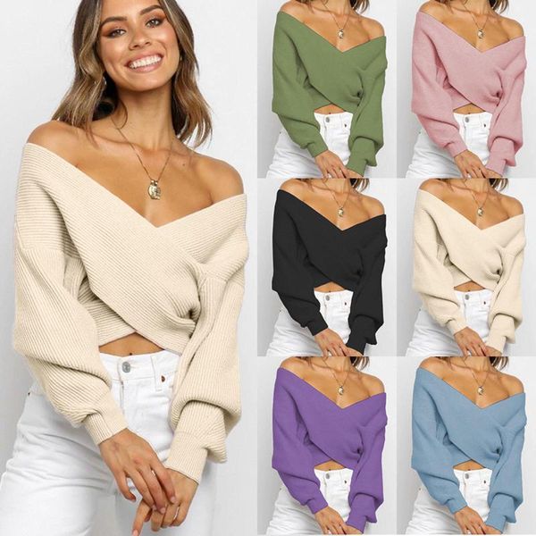 

women's fashion long sleeve knit v-neck solid color pullover sweater, White;black