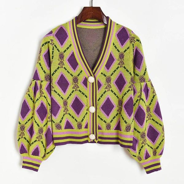 

contrast color jacquard knitted cardigan 2021 autumn new lantern sleeve v-neck pearl buttons short knit jacket overcoat, White