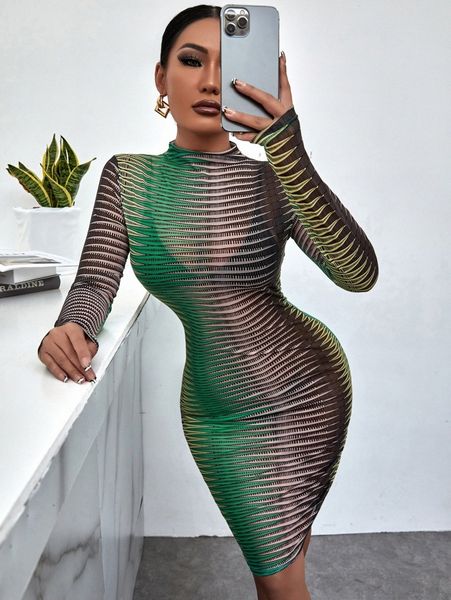 

sxy allover print mesh bodycon dress without lingerie s56z#, Black;gray