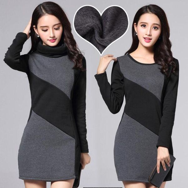 

casual dresses women's dress autumn winter fashion bottoming shirt turtleneck thickening plus velvet warm bag hip vestidos d22, Black;gray