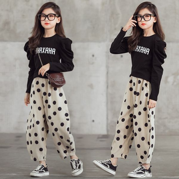 

teenage girls clothing girls set long autumn dot pants lantern letter tshirts two pieces pants suits outfits for girls childrenx1019, White
