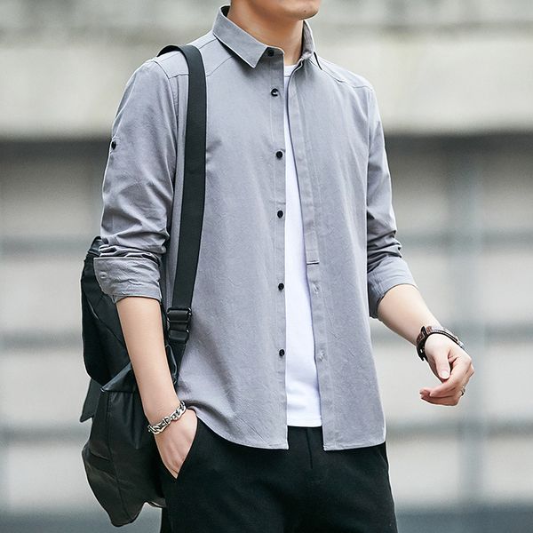 

long sleeve solid color spring and autumn new korean fashion cool casual loose tooling coat men's shirt, White;black