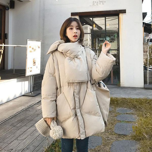 

2020 winter women solid with scarf warm female 90%white duck jacket coat loose oversized womens long down parka 6252, Black