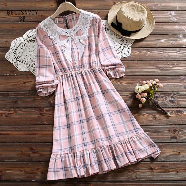 

casual dresses japanese mori girl kawaii ruffles dress spring autumn vintage vestidos women bow lace collar long sleeve pink plaid mini, Black;gray