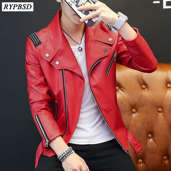 

pu mens leather jacket classic design new fashion red white black autumn slim zipper biker jacket men faux leather coat 201120