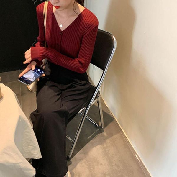 

5 colors 2020 korean style solid color thin v neck knitted sweaters cardigan womens autumn long sleeve womens (x1028)1, White