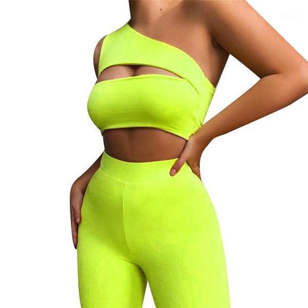 

women neon color two piece set one shoulder casual club tracksuits hollow out crop and biker shorts sets sporty active wear1, White