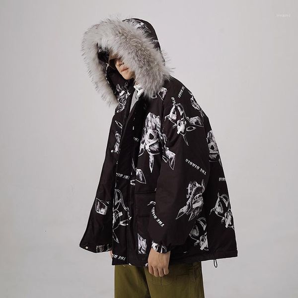 

winter men's long waterproof parkas hat casual snow jackets keep warm outerwear loose printing thickening cotton-padded clothes1, Black