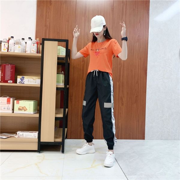 

unbp5 pure cotton suit cotton two- sports two-piece sports new women's summer 2020 foreign style short sleeve hip hop ghost step dance, Gray