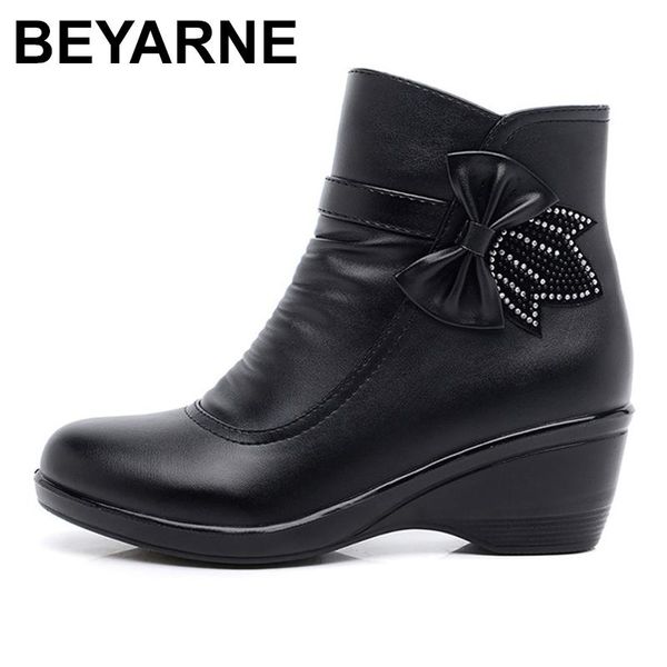 

beyarne bow knot leather boots ladies waterproof winter shoes for women plush zip ankle boots for women comfortable wedges boot, Black