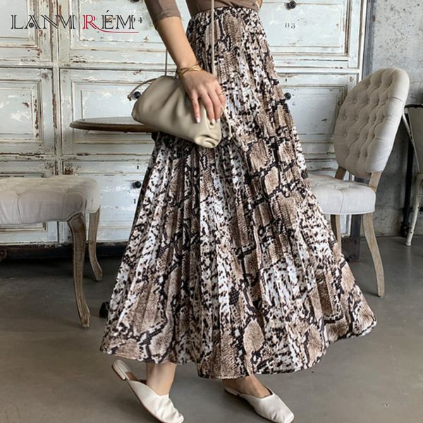 

lanmrem 2020 spring fashion new snake print high waist organ pleated skirt vintage elegant vintage a-line long skirt ffamale y1214, Black