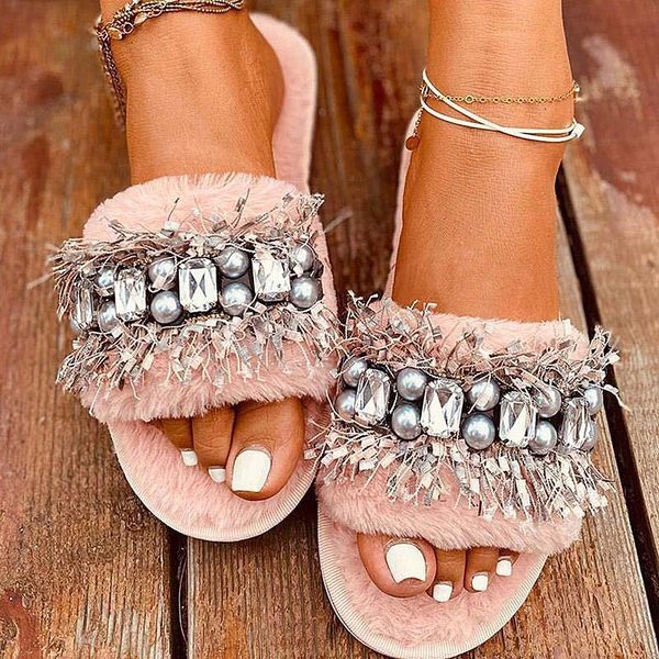 

2021 winter women house home sandals faux furry warm shoes woman indoor sandals flats female fur shoe cozy flat shoe, Black