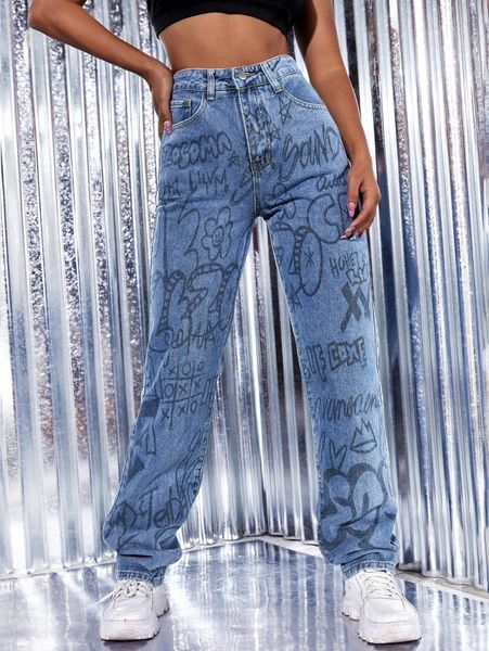 

letter & graphic print straight leg jeans 18al#, Blue