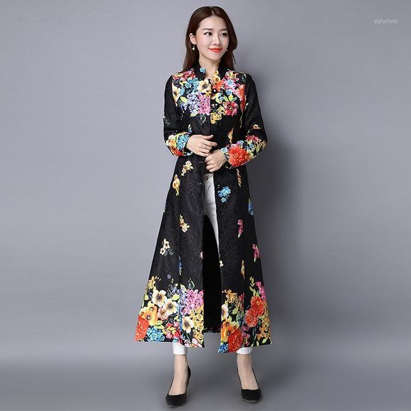 

new fund 2020 spring dress retro printing long coat female literary cotton buttons long sleeve cardigan national wind1, Tan;black