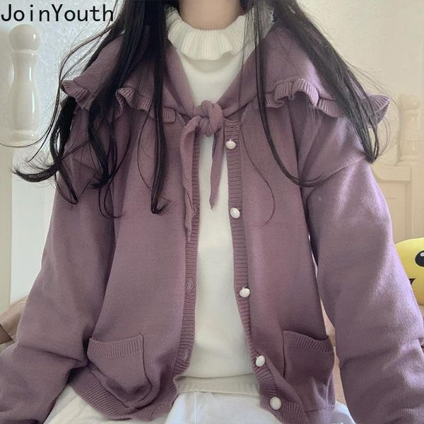

women's knits & tees joinyouth fall 2021 women ruffles sweaters for purple knitted cardigan female sweet loose sueter coat pull femme 7, White